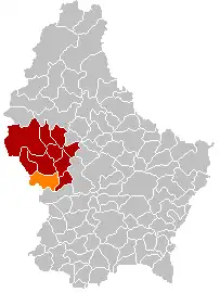 Map of Luxembourg with Beckerich highlighted in orange, and the canton in dark red