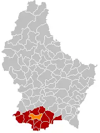 Map of Luxembourg with Mondercange highlighted in orange, and the canton in dark red