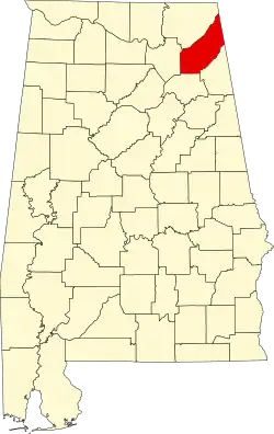 Map of Alabama highlighting DeKalb County
