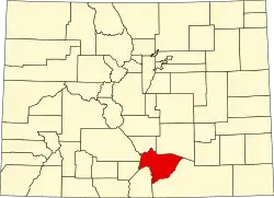 State map highlighting Huerfano County