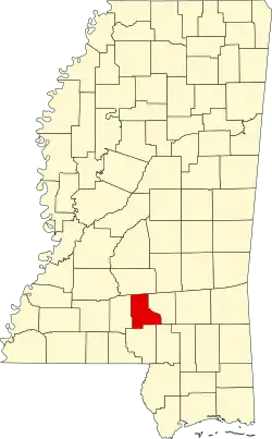 Map of Mississippi highlighting Jefferson Davis County