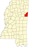 Map of Mississippi highlighting Lowndes County