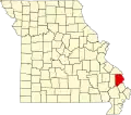 A state map highlighting Cape Girardeau County in the southeastern part of the state.