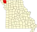 A state map highlighting Nodaway County in the northwestern part of the state.