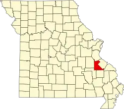 A state map highlighting Saint Francois County in the southeastern part of the state.