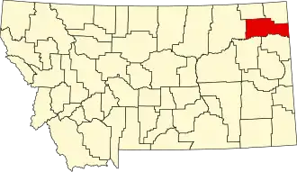 Map of Montana highlighting Roosevelt County
