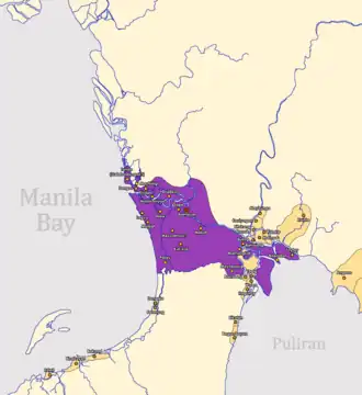 A map of Namayan (colored pink) under the rule of Lakantagkan. Locations like Dibag, Pinacauasan and Yamagtogon are missing. The location of Meycatmon and Calatondongan are unclear.