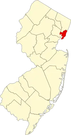 State map highlighting Hudson County