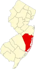 State map highlighting Ocean County