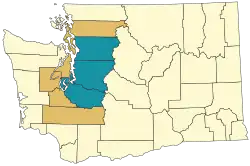 Map of Washington state with the Seattle metropolitan area and combined statistical area highlighted