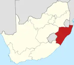 Map showing the location of KwaZulu-Natal in the south-eastern part of South Africa