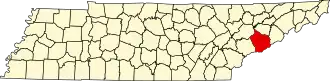Map of Tennessee highlighting Sevier County
