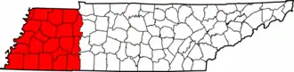 The counties of Tennessee highlighted in red that are designated part of West Tennessee.
