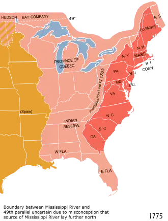 The Thirteen Colonies (shown in red) in 1775 with modern borders overlaid