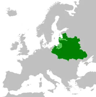 The Polish–Lithuanian Commonwealth (green) with vassal states (light green) at their peak in 1619