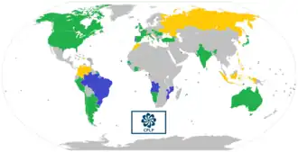Map of CPLP member states (blue), associate observers (green), and officially-interested countries & territories (gold).