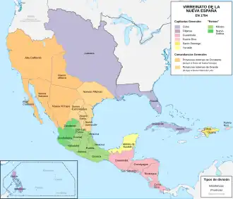 map of New Spain in red, with territories claimed but not controlled in orange.