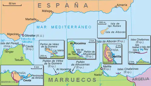 The plazas de soberanía, plus Ceuta (with Perejil Island) and Melilla on the mainland, and Alboran Island 50 km north of the coast