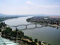 A view with Mária Valéria Bridge over the Danube as seen from the Esztergom Basilica