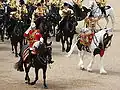The Mounted Bands of the Household Cavalry at the "Trooping the Colour" salute H.M. Queen Elizabeth II as they ride off parade.