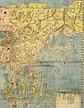 The Far East as depicted within the Kunyu Wanguo Quantu by Matteo Ricci in 1602. It calls the sea Sea of Japan.
