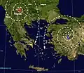 Weather diagram showing Meltemi winds over Greece and Turkey