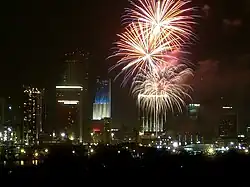 In addition to a fireworks show, Miami, Florida lights Miami Tower with the patriotic red, white and blue on Independence Day.