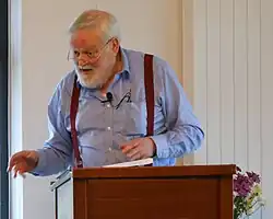 Longley reading his poetry at the Corrymeela Peace Centre near Ballycastle, County Antrim, July 2012
