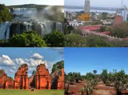 Clockwise from top: Iguazú Falls (Iguazú National Park), Posadas, Guaraní Jesuit Mission of San Ignacio Miní, Yerba Mate plantation.