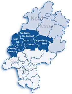 Map of Hesse highlighting the Regierungsbezirk of Gießen