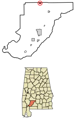 Location of Vredenburgh in Monroe County, Alabama.