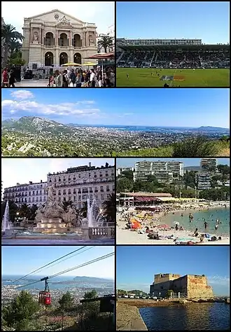 Top left: Toulon Opera House, Top right: Mayol Stadium (Le Stade du Mayol), 2nd: Panoramic view of downtown Toulon and its port, 3rd left: Place de la Liberté, 3rd right: The beaches of Mourillon, Bottom left: The cable car to Mount Faron, Bottom right: Fort Saint-Louis