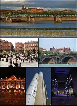 Montage of Toulouse Top: Pont Saint Pierre and Garonne river Middle: Place du Capitole, Pont Neuf Bottom: Capitole de Toulouse, Ariane 5 at "Cité de l'espace", Médiathèque José Cabanis