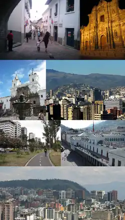 Clockwise from top: Calle La Ronda, Iglesia de la Compañía de Jesús, El Panecillo as seen from Northern Quito, Carondelet Palace, Central-Northern Quito, Parque La Carolina   and Iglesia y Monasterio de San Francisco
