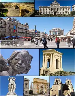 Aqueduc Saint-Clément, the prefecture de l'Hérault (old hôtel de Ganges), the Place de la Comédie, Detail of the statue « The Strength Taming Love » of Injalbert, Château d'eau du Peyrou, the Fountain of the Three Graces, the gate of the Peyrou and the Cathédrale Saint-Pierre de Montpellier.
