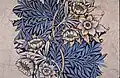 This is the Morris 'Tulip and Willow' design (1873). The powerful diagonal blue, with a suggestion of orange, creates a harmonious color scheme.
