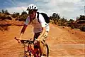 A mountain biker with a helmet.