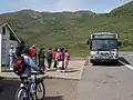 A route 76 bus (renamed 76X in 2012) at the Rodeo Beach parking lot in the Marin Headlands in 2007.