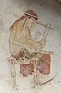 Muse tuning two phorminges. The phorminx was an intermediate stage, as the cithara developed from the lyre. Detail of the interior from an Attic white-ground cup from Eretria, c. 465 BCE.