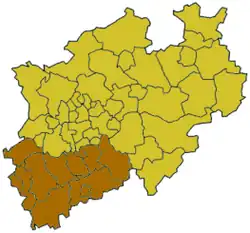 Map of North Rhine-Westphalia highlighting the Regierungsbezirk of Cologne Government Region