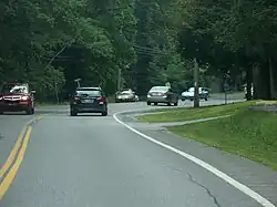 View of a road making a turn to the right. The road is surrounded by green forests.