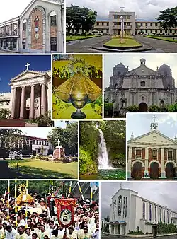(From top, left to right) Holy Rosary Seminary, Universidad de Santa Isabel, Naga Metropolitan Cathedral, Our Lady of Peñafrancia, Ateneo de Naga University, Our Lady of Peñafrancia Shrine, Malabsay Falls, Naga City Hall, Carmelite Monastery, Peñafrancia Festival
