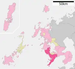 Map of Nagasaki Prefecture with Nagasaki highlighted in pink