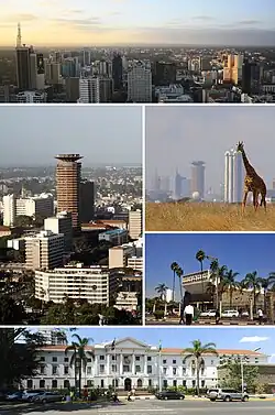 Clockwise from top: Central business district, Nairobi National Park, Parliament of Kenya, Nairobi City Hall and the Kenyatta International Conference Centre