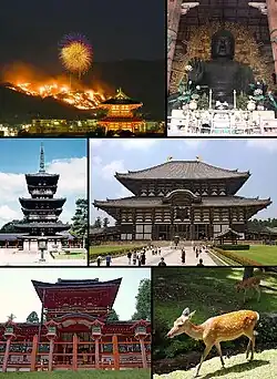 From top left: Wakakusayama Mountain Burning, Great Buddha of Tōdai-ji, Yakushi-ji, Tōdai-ji, Kasuga Shrine and a deer in Nara Park
