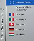 Sign denoting twin towns of Neckarsulm, Germany
