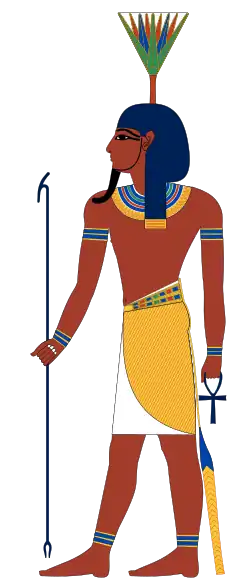 Nefertum is depicted with as a human with a lotus blossom on his head, which is sometimes augmented with two feathered plumes