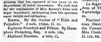 A part of a magazine which reads "Emma. By the author of 'Pride of Prejudice'. 3 vols. 12 mo. 1l. 1s."