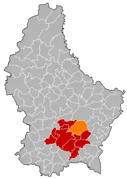 Map of Luxembourg with Niederanven highlighted in orange, and the canton in dark red