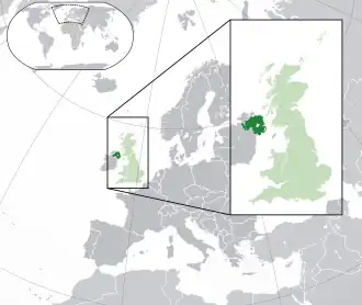 Location of &nbsp;Northern Ireland&nbsp;&nbsp;(dark green)–&nbsp;on the European continent&nbsp;&nbsp;(green &&nbsp;dark grey)–&nbsp;in the United Kingdom&nbsp;&nbsp;(green)